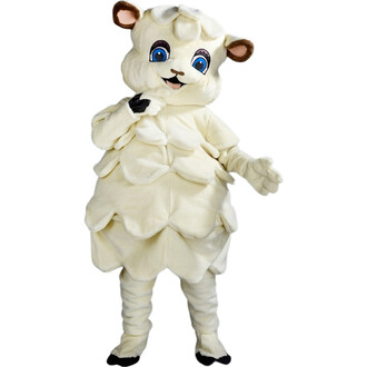 Mascotte Mouton Blanc : un costume en peluche blanche, représentant un mouton avec une tête souriante, de grands yeux bleus, et des oreilles brunes. Le corps est conçu avec des motifs de laine en relief, et la mascotte adopte une pose amicale, levant un b