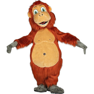 Costume de mascotte représentant un singe, avec un pelage brun-orange, un ventre nu, un visage souriant et des grandes oreilles, affichant des yeux expressifs. Les mains et les pieds sont gris. Le personnage est en position ouverte, comme s'il saluait.