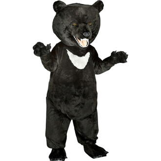 Costume de mascotte en forme d'ours noir, avec une tête stylisée, des yeux marron et une bouche ouverte. Le costume est entièrement noir avec un ventre et une zone de poitrail blancs. Les bras sont écartés, et les pattes sont dotées de griffes.