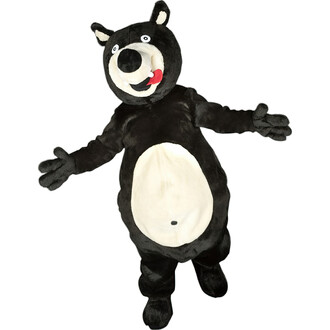 Costume de mascotte en forme d'ours noir avec un pelage doux, un ventre blanc et un sourire amusant, tenant les bras ouverts.