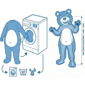 Illustration de la mascotte Ours Simplet en costume bleu avec corps détachable et tête sur le côté droit; montre les instructions d’entretien (laver en machine à 30°C et les symboles d’entretien); plage de taille utilisateur 1,60 m à 1,90 m.