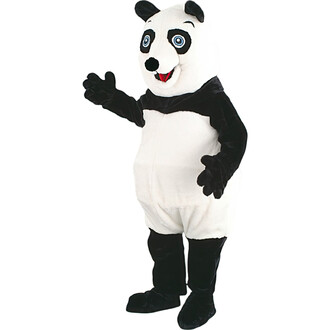 Costume de panda en peluche, avec un corps blanc et noir, une tête souriante, des yeux ronds et bleus, et une main levée dans un geste amical.