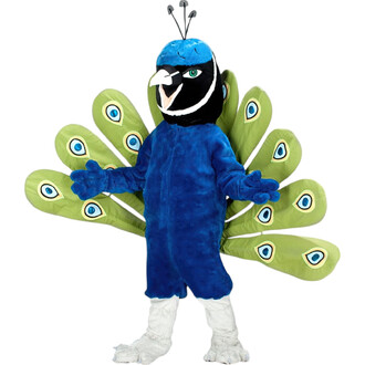 Costume de paon représentant une mascotte avec un plumage aux couleurs vives, incluant des plumes vertes et des yeux de paon, portant une tête noire avec des détails en bleu et blanc, et des gants et jambes blanches.