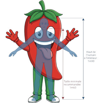 Mascotte en costume de poivron rouge avec feuilles vertes sur la tête, visage souriant et langue dehors; silhouette humaine à l’intérieur indiquant hauteur interne 1m90 et hauteur minimale recommandée 1m60.