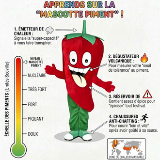 Mascotte piment rouge avec feuilles vertes sur le dessus, sourire et langue dehors, à côté d’une échelle des piments représentant l’échelle de Scoville et les étiquettes 1 Émetteur de chaleur, 2 Dégustateur volcanique, 3 Réservoir d’épice et 4 Chaussures 