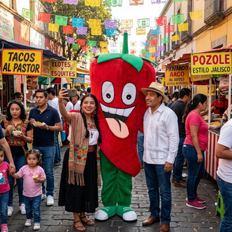 Mascotte de piment rouge à visage cartoonesque, debout au centre d’une rue festive mexicaine entourée de passants et de stands de nourriture avec des bannières colorées.