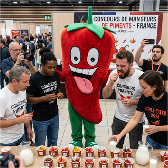 Mascotte en costume rouge en forme de piment avec une face cartoon et la langue sortie, entourée de participants lors d’un concours de mangeurs de piments, devant une table garnie de bols de piments et de lait.