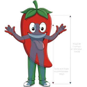Mascotte Piment: mascotte en costume de tomate rouge avec feuilles vertes sur la tête, bras écartés et sourire, avec indications de taille montrant une silhouette humaine de 1,60 m à 1,90 m.