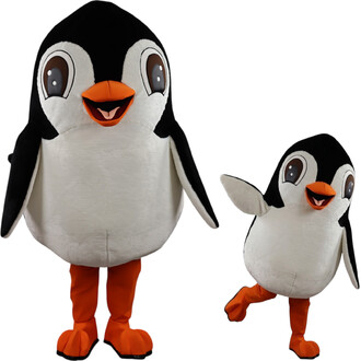 Deux mascottes pingouins givrés en peluche noir et blanc avec bec orange et pieds orange, l'une grande et l'autre petite.