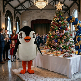 Mascotte pingouin géante noire et blanche avec bec et pattes orange, debout sur un tapis blanc devant un buffet de desserts et un grand sapin décoré, entourée de convives dans une salle de réception festive.