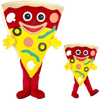 Mascotte en forme de tranche de pizza souriante, fromage jaune avec garnitures colorées, bras et gants jaunes, jambes rouges; présentée en grande et en petite taille.