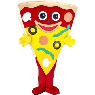 Mascotte en forme de tranche de pizza anthropomorphe avec fromage jaune, garnitures colorées (olives noires, pepperoni, bandes vertes), visage souriant et bras/gants jaunes, pieds rouges.