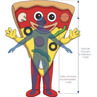 Mascotte Pizza anthropomorphe en forme de tranche de pizza avec visage souriant, gants jaunes et pieds rouges; image montrant les dimensions (hauteur intérieure 1,90 m et taille minimale recommandée 1,60 m).