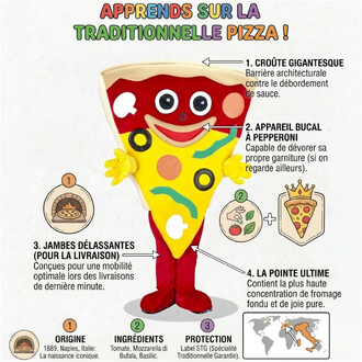 Mascotte pizza anthropomorphe en forme de tranche de pizza souriante, avec croûte géante beige, garniture colorée (rouge, jaune et vert), bras jaunes et jambes rouges.