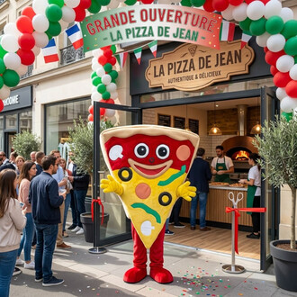 Mascotte en costume de tranche de pizza anthropomorphe avec sourire et gros yeux, debout devant une pizzeria lors d'une grande ouverture, arc de ballons rouges, verts et blancs et clients en file d'attente.