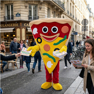 Mascotte géante en forme de tranche de pizza jaune et rouge avec un visage souriant, distribuant des flyers à des passants dans une rue commerçante française.