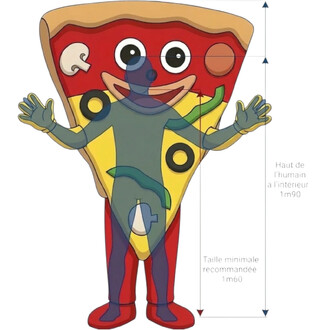 Mascotte tranche de pizza anthropomorphe avec bras levés, visage souriant et grands yeux, couleurs rouge, jaune et vert; taille minimale recommandée 1m60.