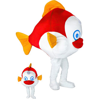 Costume de clown en forme de poisson rouge, avec une grande tête et un corps blanc, accompagné d'une version miniature. Le poisson a des yeux ronds bleus, une bouche rouge et des nageoires oranges.