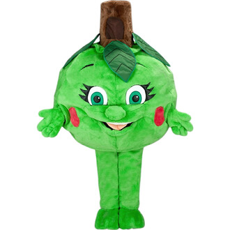 Déguisement de personnage en forme de fruit vert, avec un visage souriant, des bras ouverts, des joues rouges, des feuilles vertes sur la tête et un tronc marron. Ideal pour des événements festifs ou des animations.