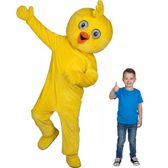 Mascotte de poussin jaune en costume avec une tête ronde, des yeux grands et un bec orange, levant un bras en signe de bienvenue. À côté, un enfant souriant en t-shirt bleu, faisant un pouce levé. Arrière-plan blanc.