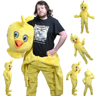 Mascotte jaune de poussin géant, costume complet avec tête ronde et bec orange, ailes et pattes, porté par un homme — vues multiples du produit.