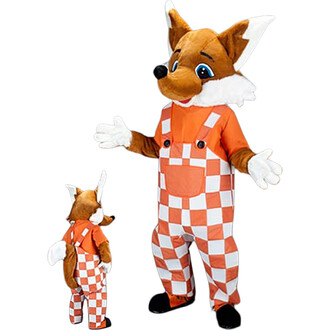 Costume de mascotte représentant un renard. Le personnage est habillé d'une combinaison à carreaux orange et blanc, avec un t-shirt orange et un grand visage souriant. À côté, une petite version de la mascotte est également présente, portant une tenue sim