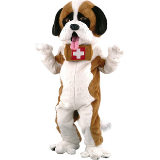 Costume de chien Saint-Bernard en peluche, avec un collier rouge portant une croix blanche, montrant une posture joyeuse et accueillante, le bras levé et la langue pendante.