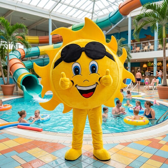Mascotte soleil jaune avec lunettes noires géantes, sourire éclatant et pouces en l'air, debout au bord d'une piscine dans un parc aquatique avec toboggans colorés et enfants qui jouent.