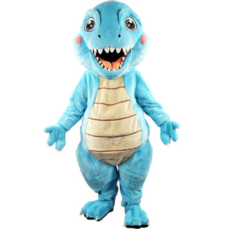 Mascotte en peluche T-Rex bleu, costume de dinosaure souriant avec dents visibles, grands yeux expressifs et ventre beige rayé de brun.