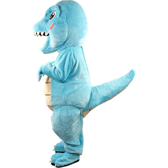 Mascotte de dinosaure T-Rex bleu en peluche, vue de profil, avec grandes dents pointues, yeux noirs et blancs, joues roses et longue queue.