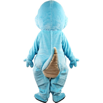 Mascotte de dinosaure T-Rex bleue en peluche vue de dos, avec queue beige et pieds bleus.