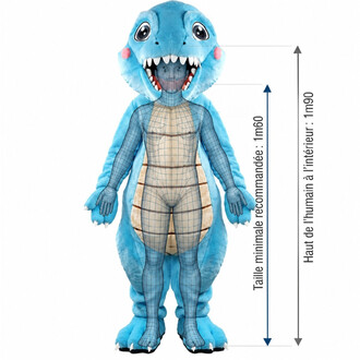 Mascotte T‑Rex bleue vue de face, costume en peluche avec maillage intérieur apparent et dents blanches visibles.