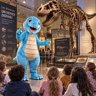 Mascotte T-Rex bleue et souriante, debout devant un squelette de Tyrannosaurus rex, entourée d’enfants lors d’une exposition sur les dinosaures.