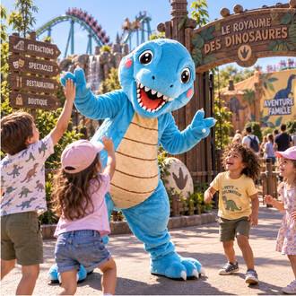 Mascotte T-Rex bleue, grand sourire, donnant des high-fives à des enfants dans un parc d'attractions sur le thème des dinosaures; en arrière-plan, l’arche Le Royaume des Dinosaures et des panneaux en bois.