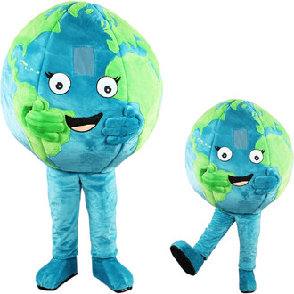 Mascotte Terre en peluche représentant la planète Terre : globe bleu et vert avec visage cartoon, grands yeux et sourire, bras autour du visage et jambes bleues (en deux tailles).