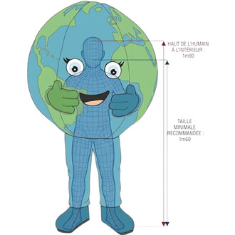 Mascotte Terre : mascotte représentant la planète Terre avec une tête globe bleu et vert, corps bleu à motif quadrillé, grands yeux et sourire, doigts en pouce en l’air; porteur recommandé entre 1,60 et 1,90 m.