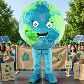 Mascotte Terre géante en peluche bleu et vert avec visage souriant et grands yeux, qui fait un pouce levé sur scène lors de la Journée de la Terre, entourée de décorations écologiques (pancartes recyclage, plante, éolienne et panneaux solaires) et d’un pu