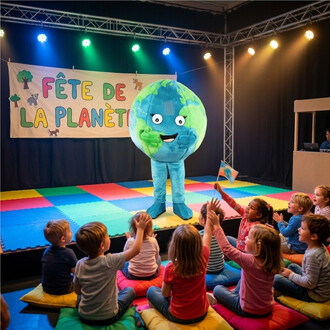 Mascotte géante représentant la planète Terre sur scène, visage souriant et bras verts, entourée d’enfants assis sur des coussins colorés, avec le décor “Fête de la planète” en arrière-plan.