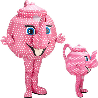 Deux mascottes en forme de théière rose à pois blancs, anthropomorphes avec visages souriants et grands yeux bleus; version grande et version mini sur fond blanc.