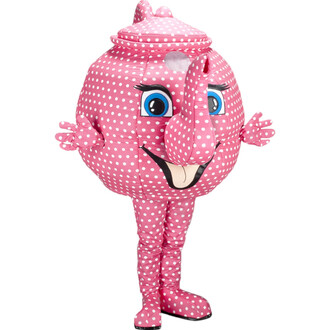 Mascotte théière rose à pois blancs, personnage en tissu avec visage cartoon, grands yeux bleus et sourire, bras et jambes assortis.