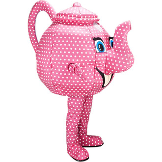 Mascotte théière rose à pois blancs avec visage d'éléphant bleu et bouche souriante, couvercle sur le dessus, poignée à gauche et trompe sur l’avant, debout sur deux pieds.