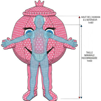 Mascotte théière rose à pois blancs avec couronne, silhouette humaine bleue en transparence devant elle, bras écartés, montrant les dimensions (hauteur humaine intérieure 1,80 m et taille minimale recommandée 1,50 m).