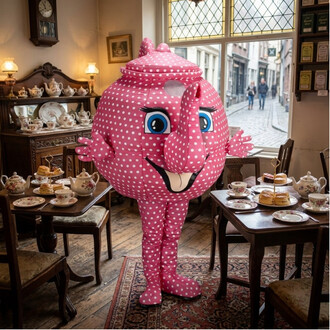 Mascotte géante en forme de théière rose à pois blancs, avec un visage souriant et de grands yeux bleus, bras et jambes visibles, dans une salle à manger vintage avec service à thé sur les tables.