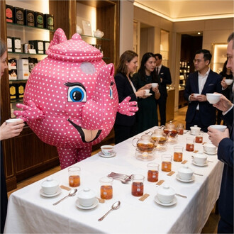 Mascotte théière géante rose à pois blancs avec yeux bleus, près d’une table de dégustation de thé entourée d’invités en costumes et de théières et tasses sur nappe blanche.