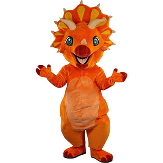 Costume de dinosaure orange avec des détails colorés, visage souriant et expressif, bras écartés, conçu pour des événements festifs ou des spectacles.