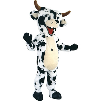 Costume de mascotte représentant une vache blanche et noire, avec un visage souriant, des cornes et des pattes noires. La mascotte est en position debout, avec les bras ouverts, et un ventre de couleur claire.