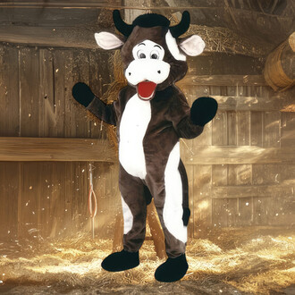 Mascotte en costume de vache marron avec des taches blanches et des cornes noires, souriante, avec les bras ouverts dans un environnement de ferme, entourée de foin et de planches en bois.