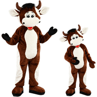 Mascotte mucca marrone e bianca con testa di mucca ridente, corna, orecchie e ciuffo di pelo nero, presentata in due dimensioni: una con le braccia aperte e l'altra con la mano sulla pancia.