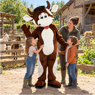 Una mucca marrone, mascotte di una fattoria, viene portata in braccio da un adulto e saluta con la mano in compagnia di due bambini e delle capre.