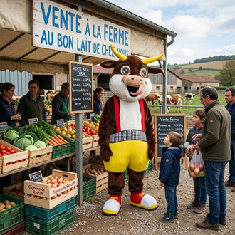 Mascotte vache rigolote en costume marron et blanc avec shorts jaunes et bretelles rouges, debout devant un stand de légumes au marché fermier, entourée de visiteurs.